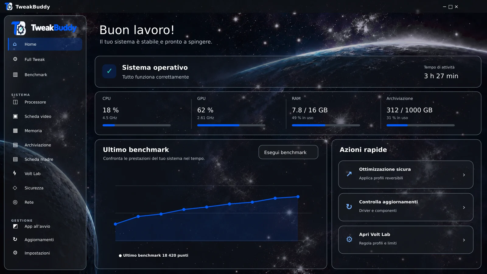 Anteprima grafica della schermata Home di TweakBuddy: riepilogo del sistema, benchmark e azioni rapide