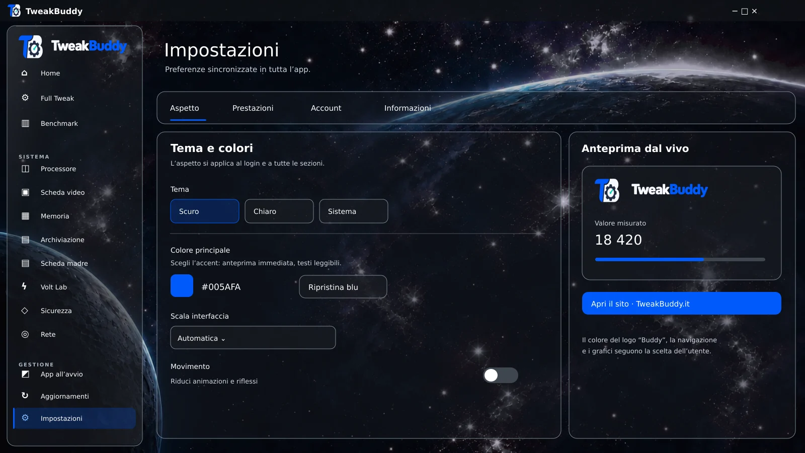 Concept delle impostazioni di TweakBuddy e del colore d’accento